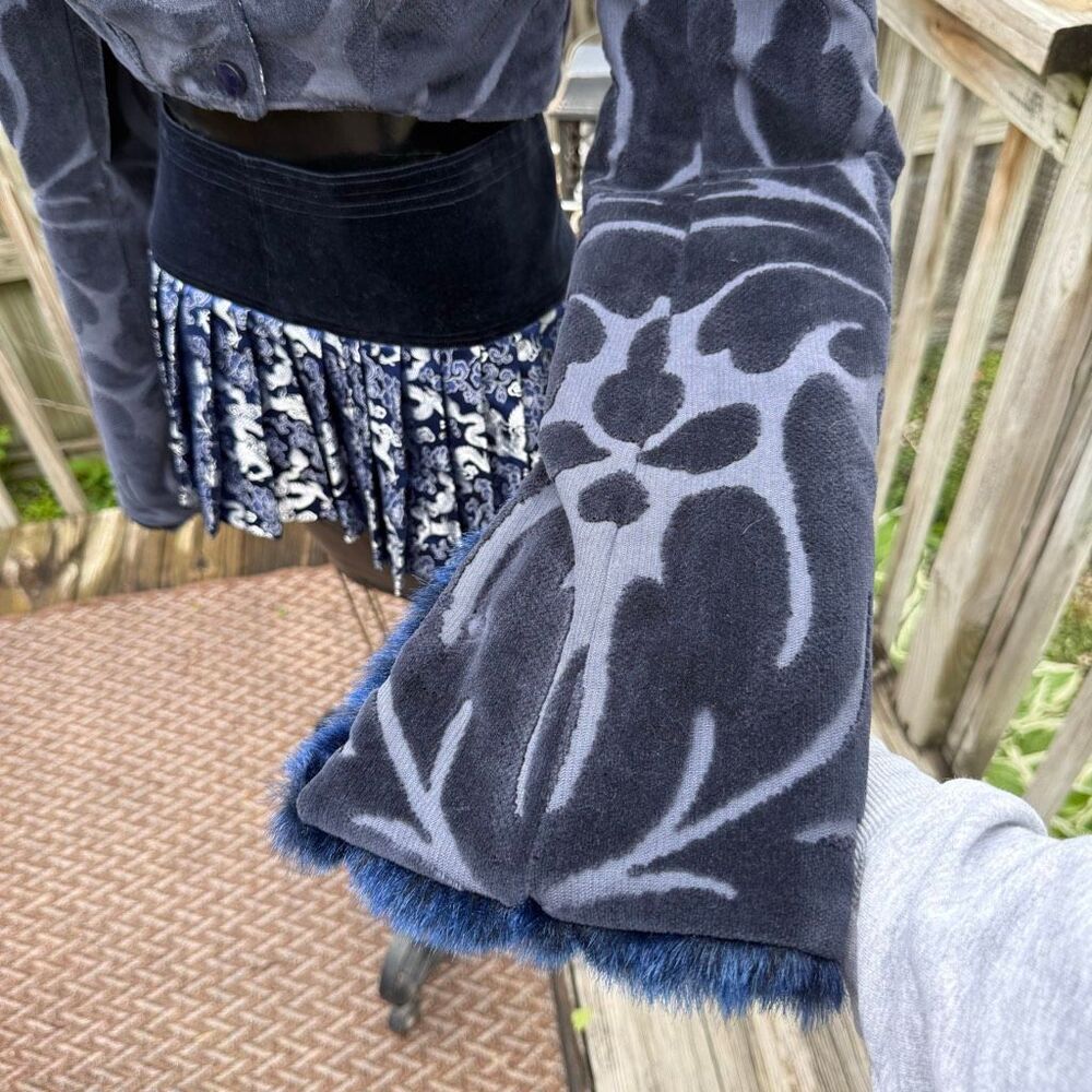 Handmade Blue Fur Trim Cropped Jacket & Dragon Mini Skirt Set Y2K Cyber Fairy Gr - Picture 3 of 11